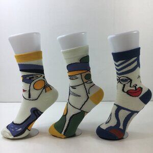 Unisex Crew Socks Abstract Cubist Art Pattern White Blue Yellow Black Red